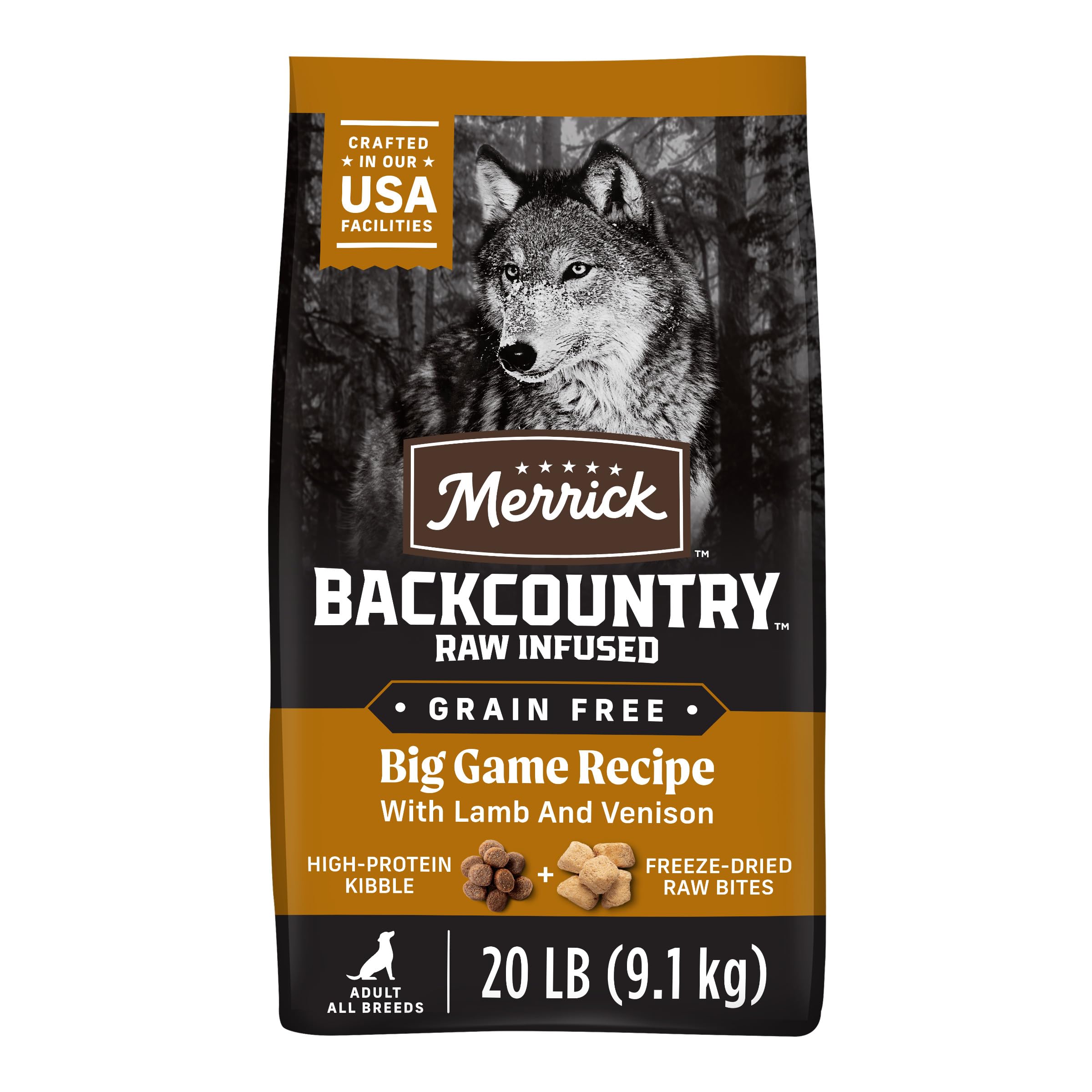Merrick Backcountry, bolsa de 20 libras, vista frontal, almacenamiento práctico para alimentación diaria.