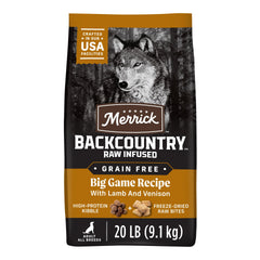 Merrick Backcountry, bolsa de 20 libras, vista frontal, almacenamiento práctico para alimentación diaria.