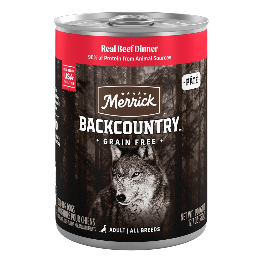 Merrick Backcountry carne real en lata, sabor y proteína de calidad para perros activos.