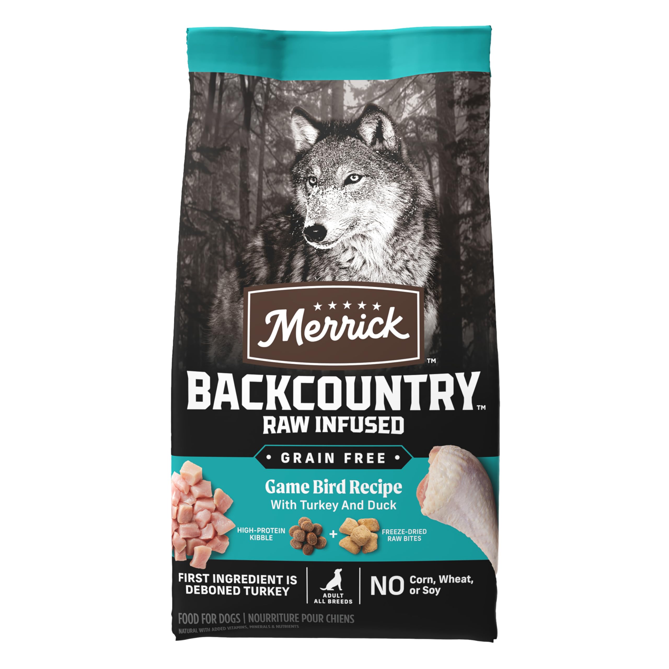 Croquetas sin granos de Merrick Backcountry con ingredientes clave.