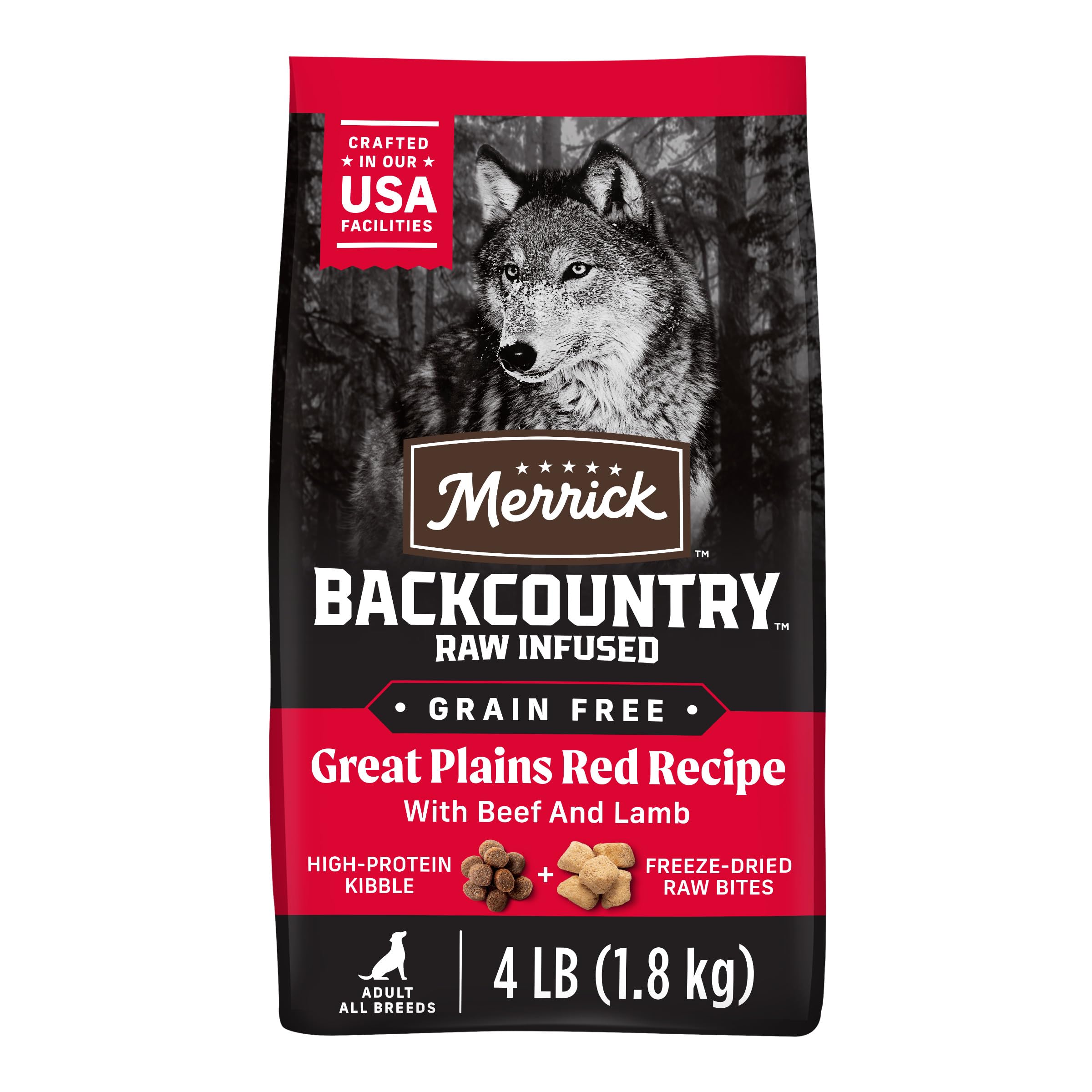 Merrick Backcountry Rojo de las Grandes Llanuras en bolsa 4 lb para perros adultos sin granos