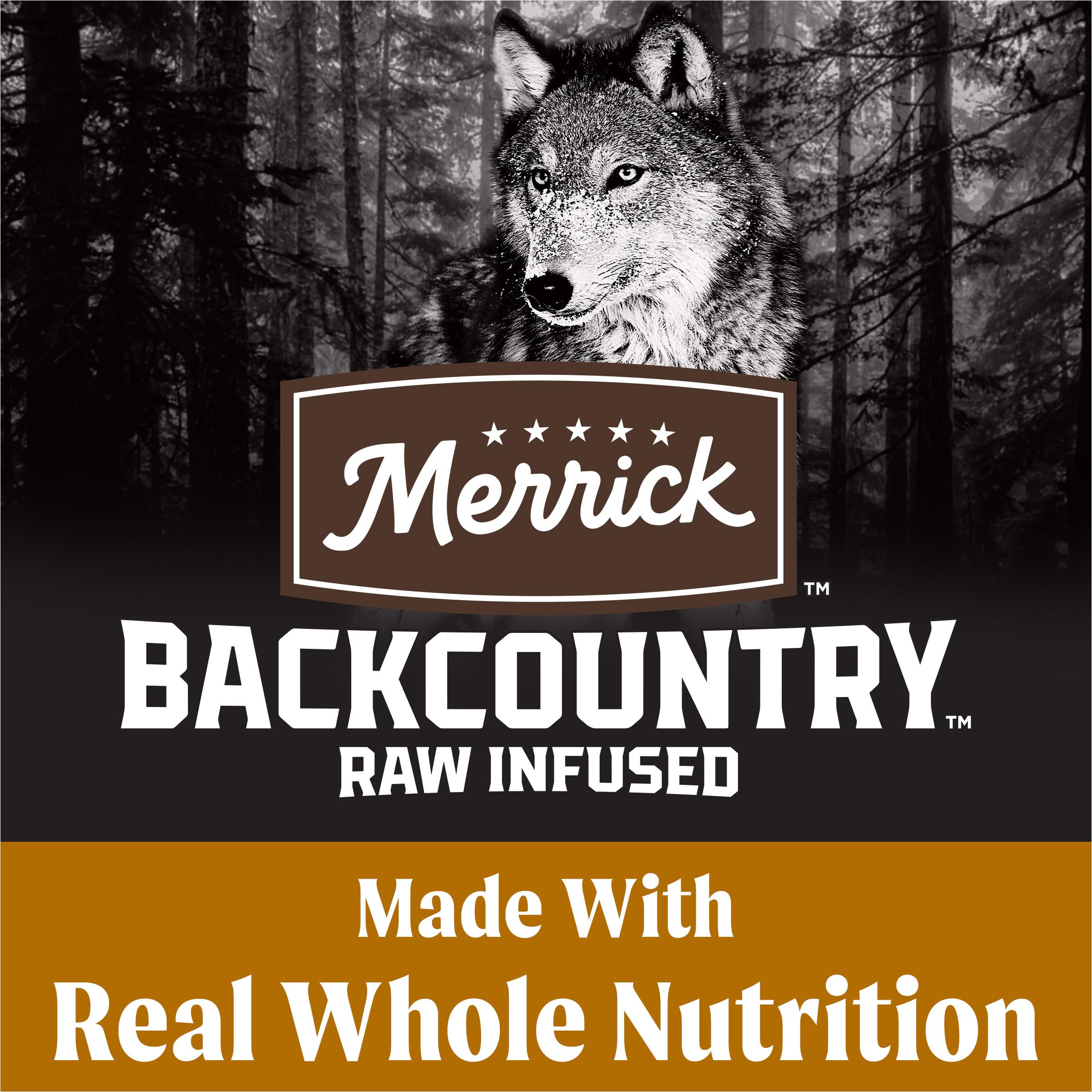 Merrick Backcountry sin granos, piezas crudas y croquetas, textura atractiva para masticar.