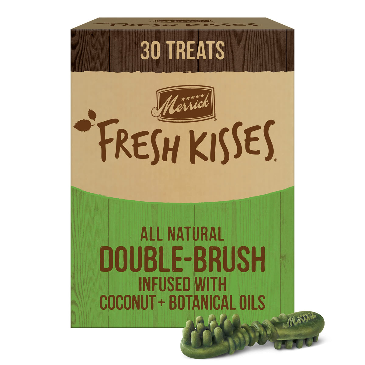 Merrick Fresh Kisses: masticables dentales con coco y botánicos para aliento fresco.