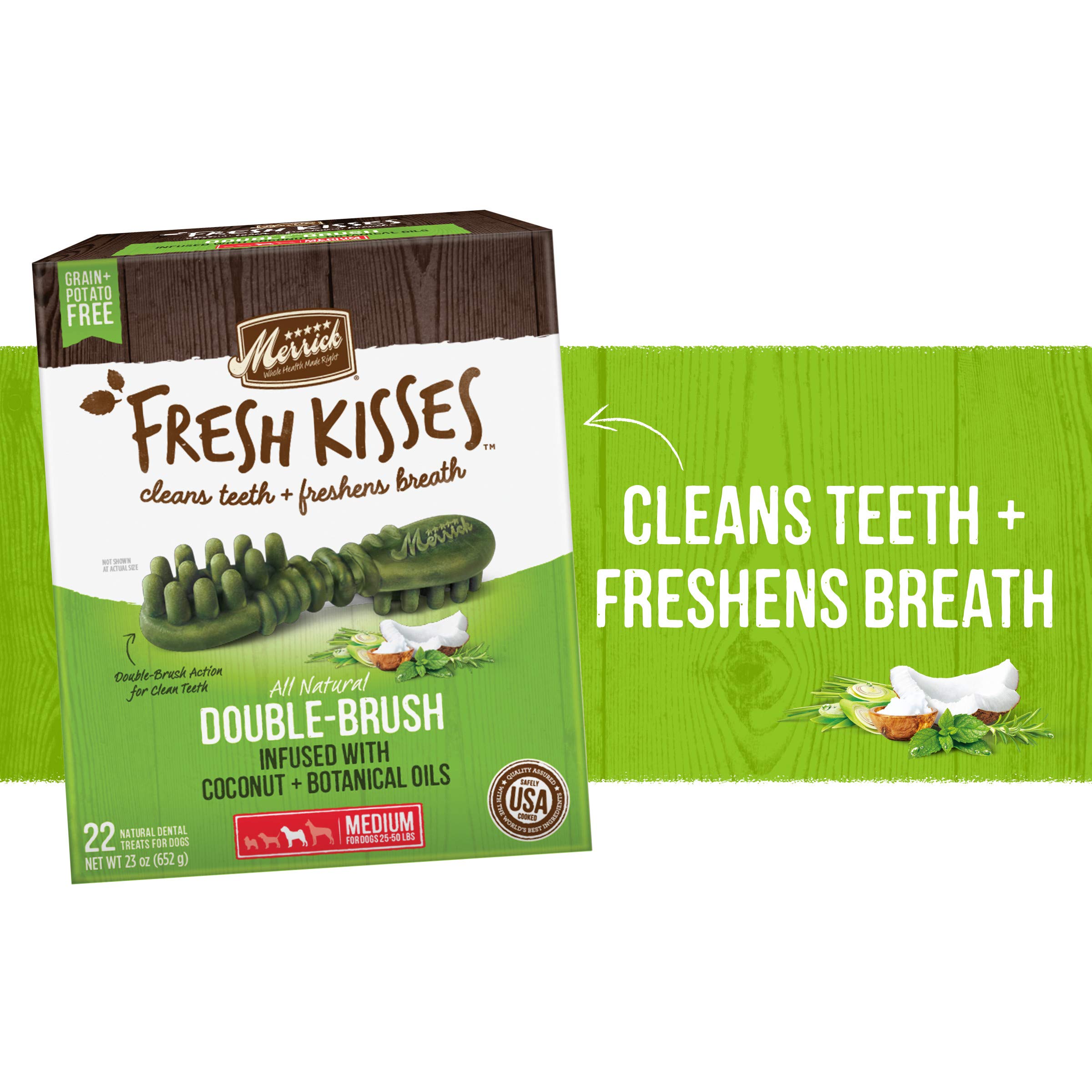 Merrick Fresh Kisses: diseño de doble cepillo para limpieza dental diaria.