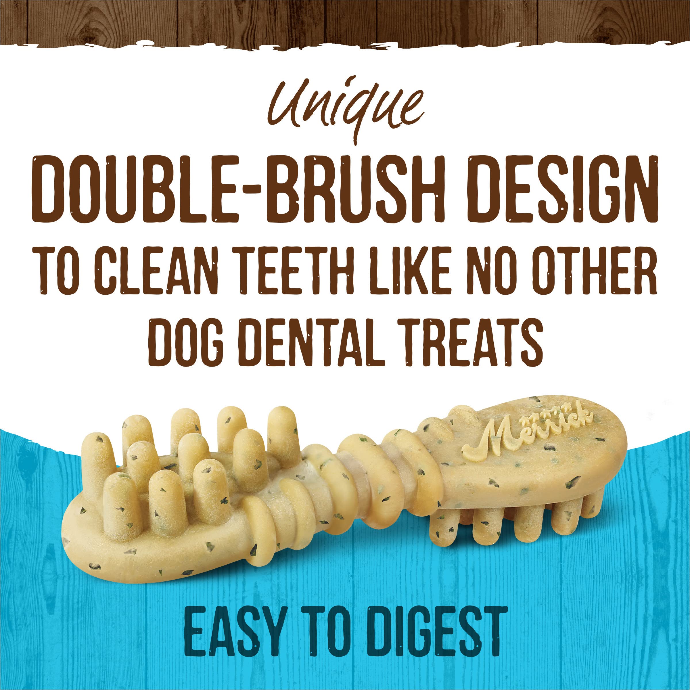 Merrick Fresh Kisses doble cepillo dental durante la masticación.