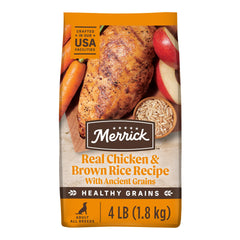 Merrick granos saludables, bolsa de 4 lb, croquetas para perros adultos con digestión suave.