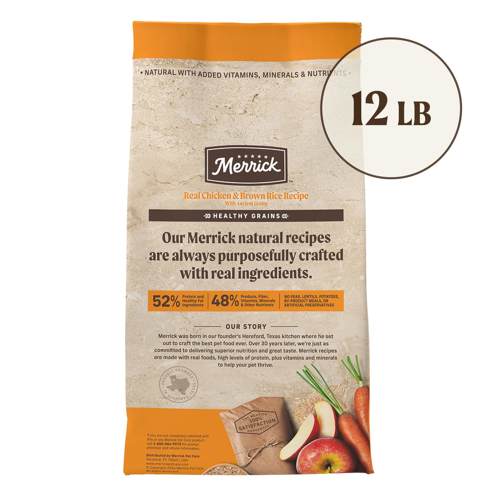 Merrick Healthy Grains, ingredientes de granos enteros y aceites omega para piel y pelaje