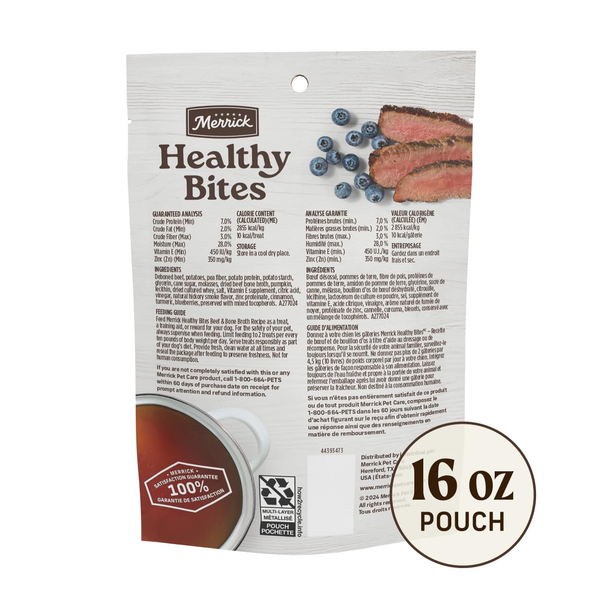 Merrick Healthy Bites trocitos de ternera sin granos, fáciles de morder.