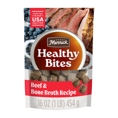 Merrick Healthy Bites premios blandos sin grano con caldo de huesos, ideal para perros de todos los tamaños.