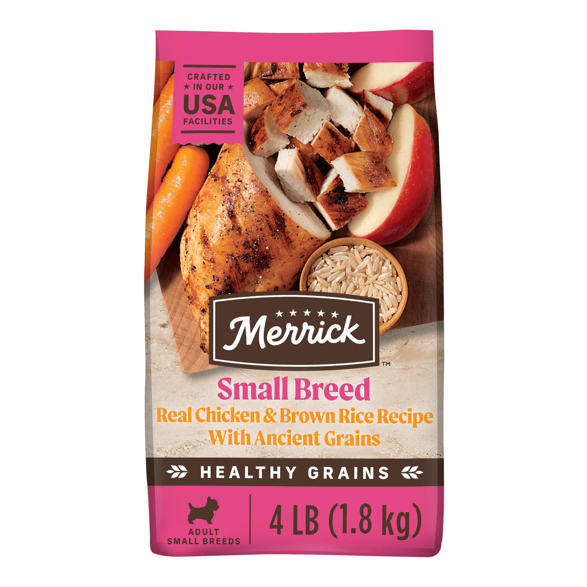 Merrick Healthy Grains croquetas de tamaño pequeño para razas pequeñas.