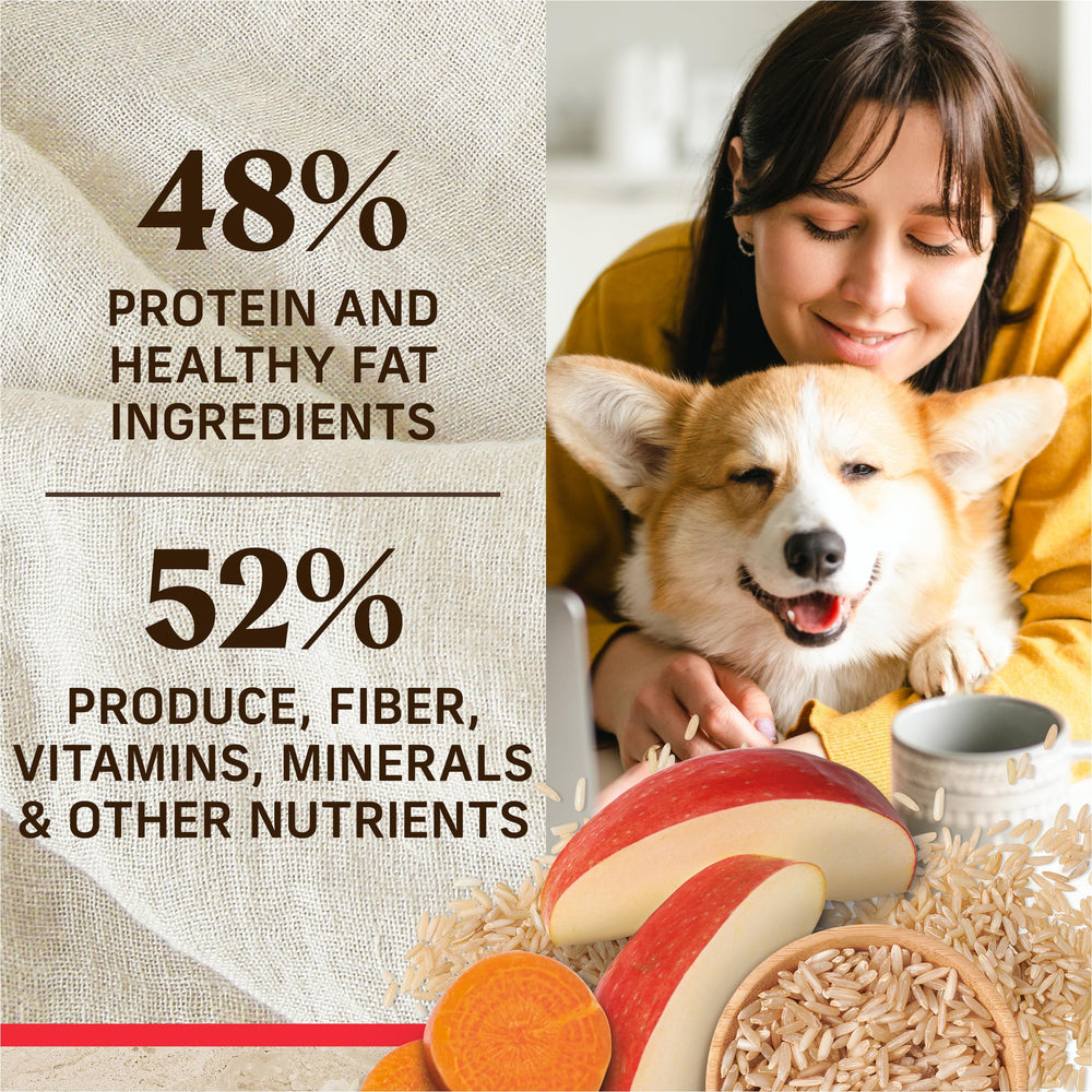 Merrick Healthy Grains piel brillante y pelaje suave.