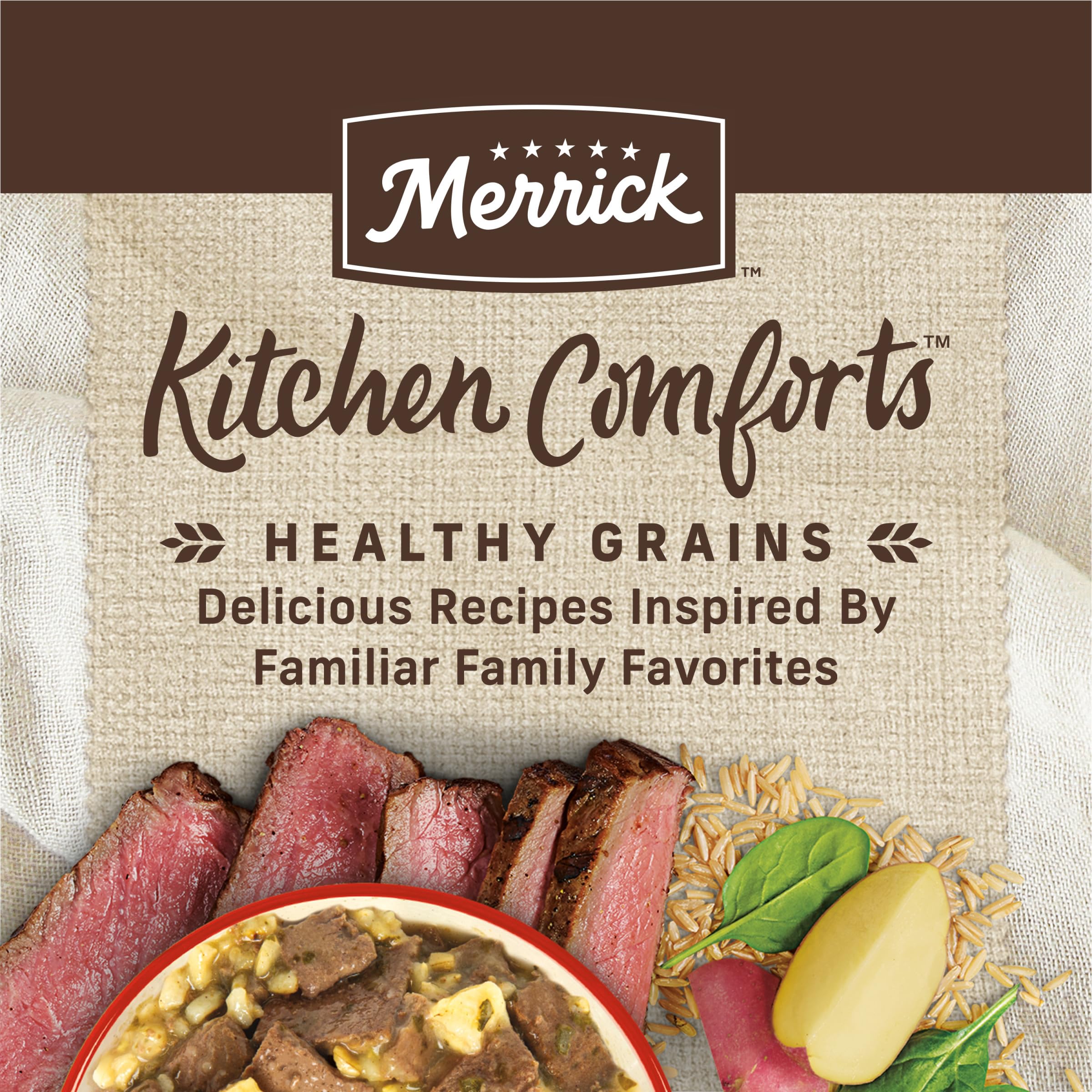 Merrick Kitchen Comforts: res real con arroz integral en lata, fuente de proteína.