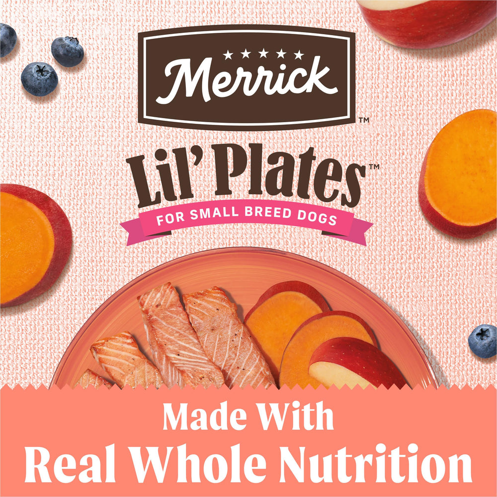 Merrick Lil’ Plates salmón real y batata, croquetas pequeñas para mordida cómoda.