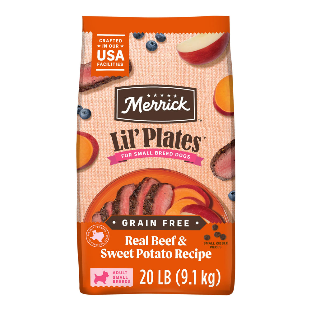 Merrick Lil’ Plates, bolsa de 20 libras con carne de res y camote para perros pequeños, nutrición