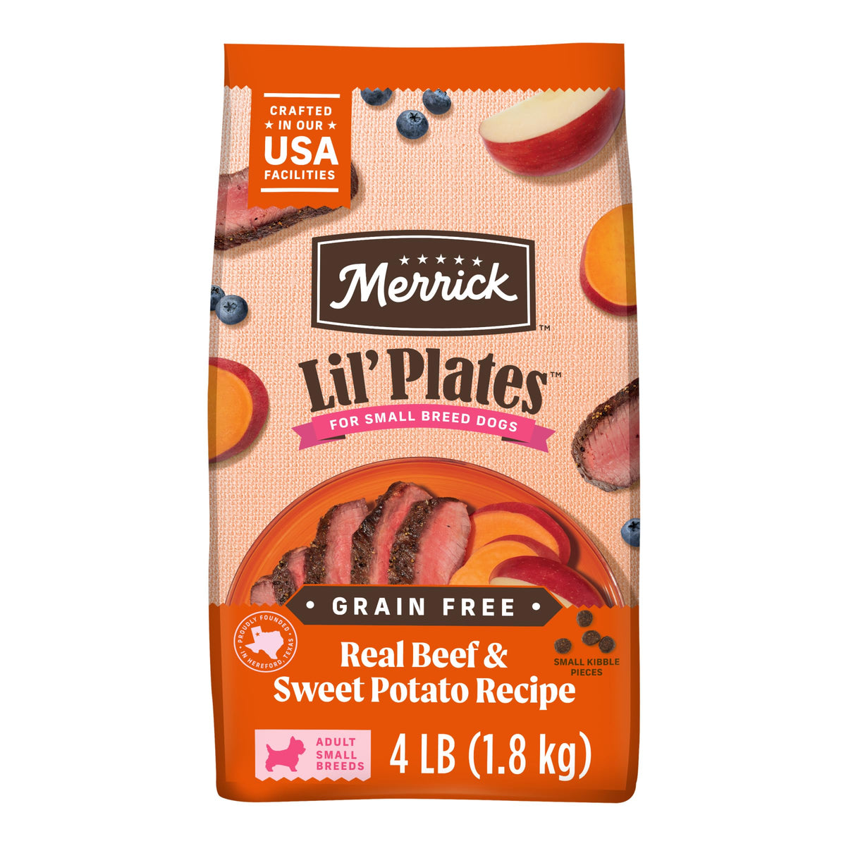 Merrick Lil’ Plates bolsa de 4 libras, práctica para perros pequeños.