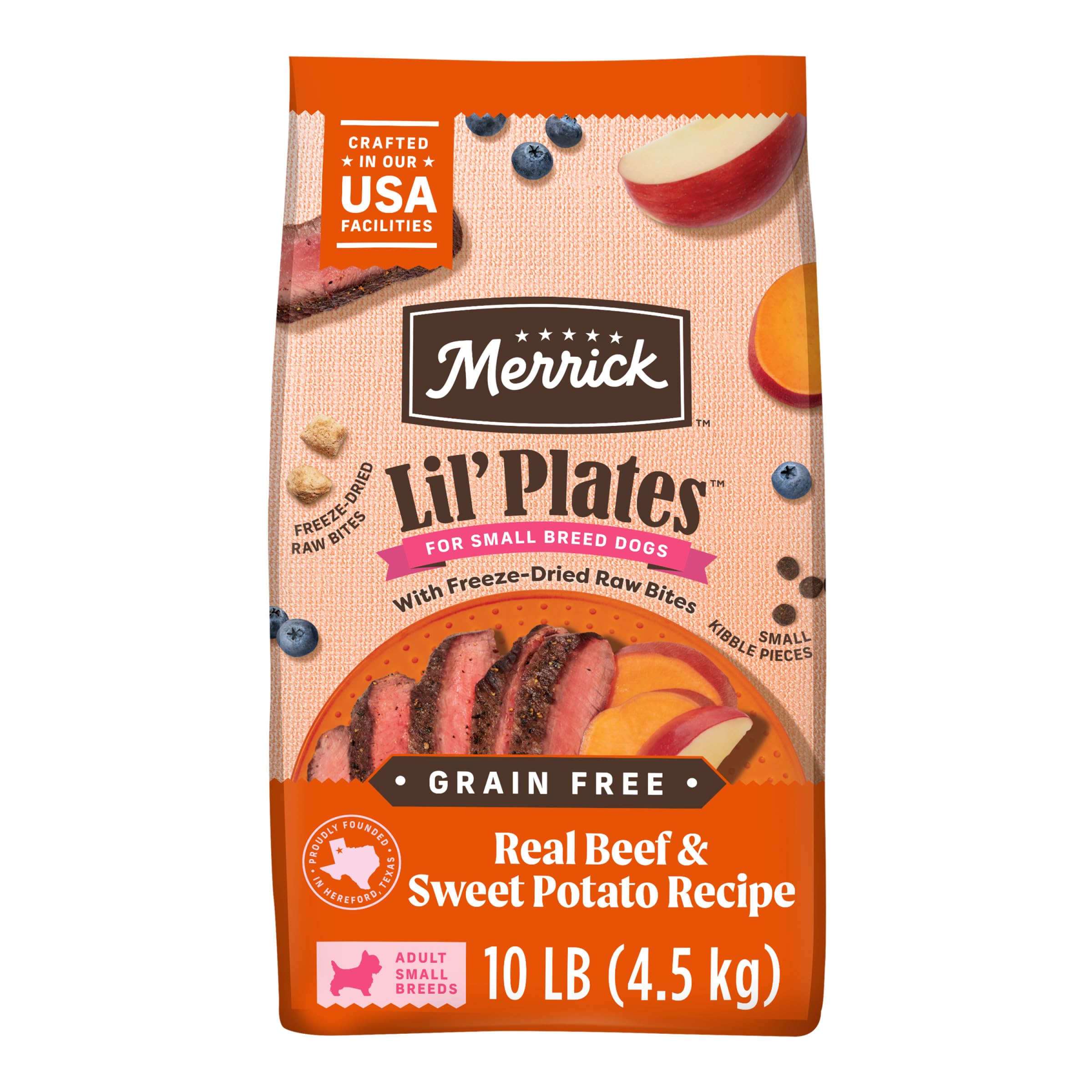 Merrick Lil’ Plates muestra carne de res y trozos crudos para perros pequeños.