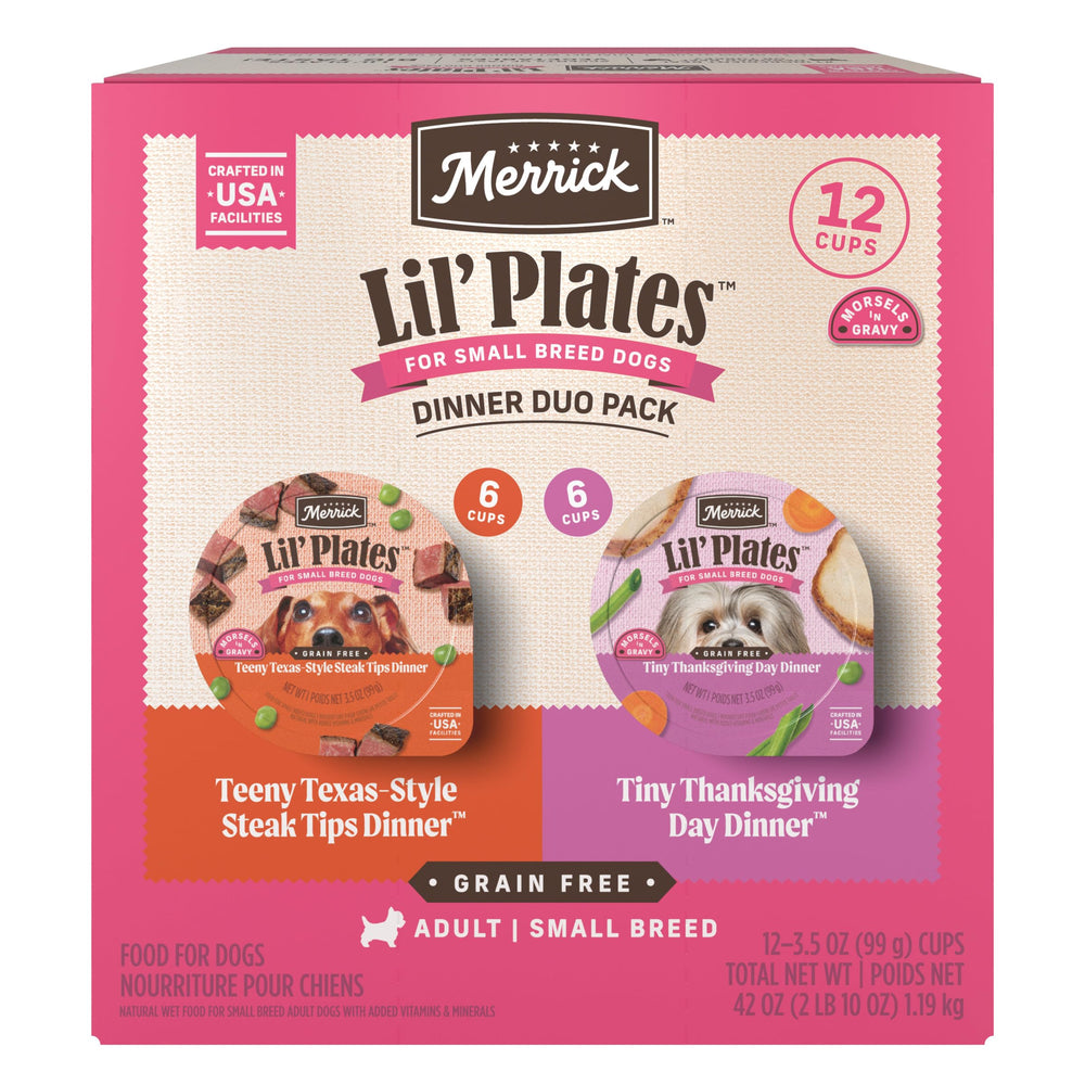 Merrick Lil’ Plates: dos sabores carne y pavo en salsa, ideal para perros pequeños.
