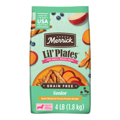 Merrick Lil’ Plates, pollo deshuesado real y patata dulce para perros senior pequeños.