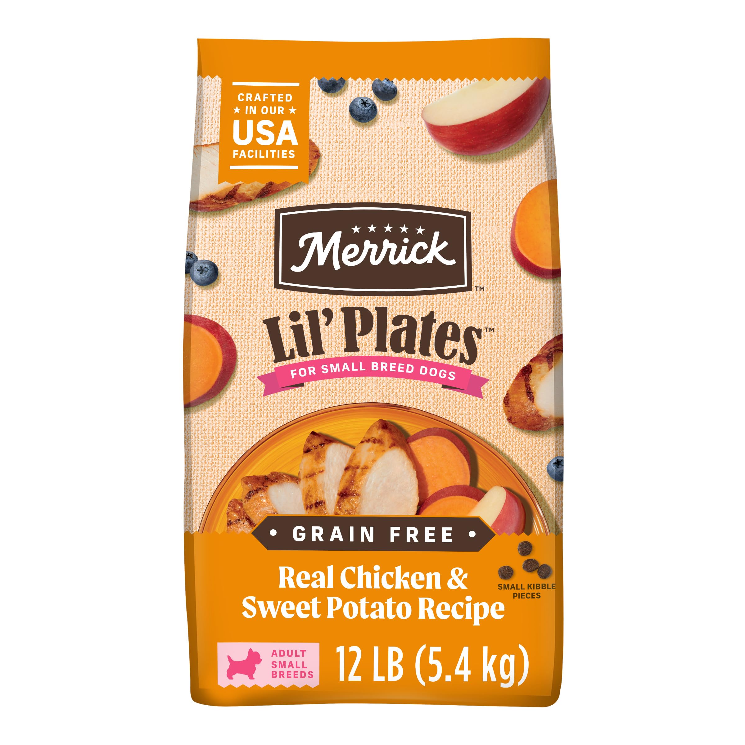 Merrick Lil’ Plates pollo real para perros pequeños, aporta proteína de alta calidad.