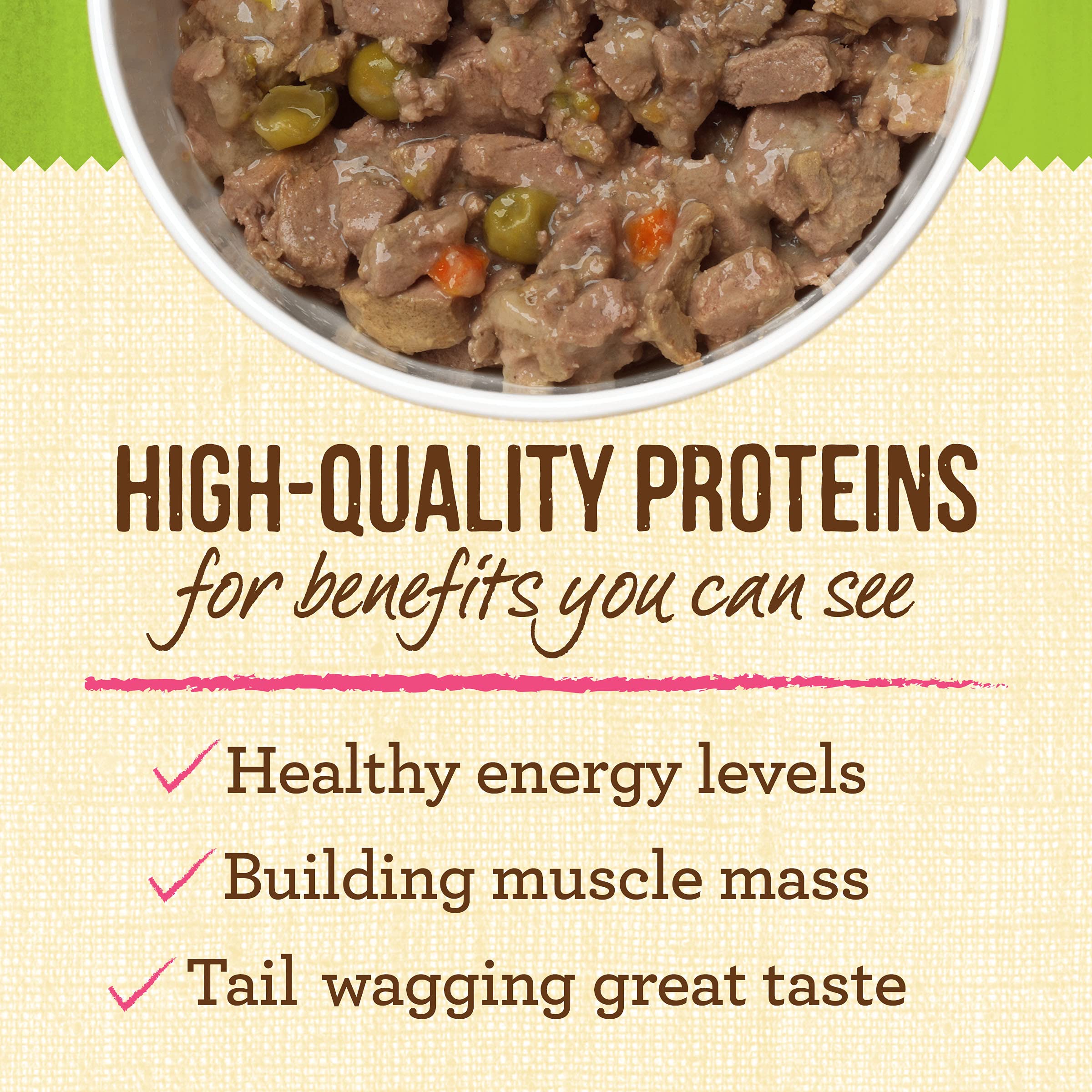 Merrick Mini Platos primer ingrediente cordero deshuesado, proteína real para músculos y energía.