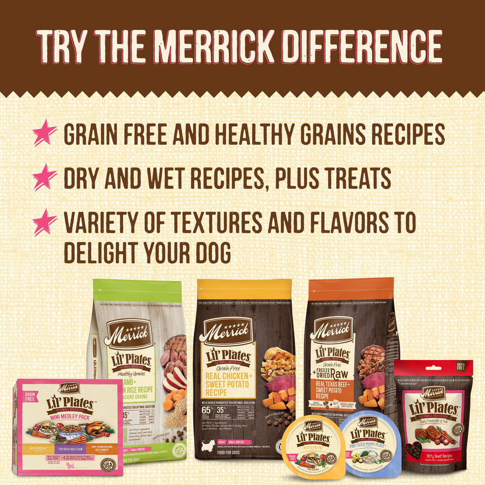 Merrick Mini Platos sabores cordero y caldo, combinación sabrosa para perros.