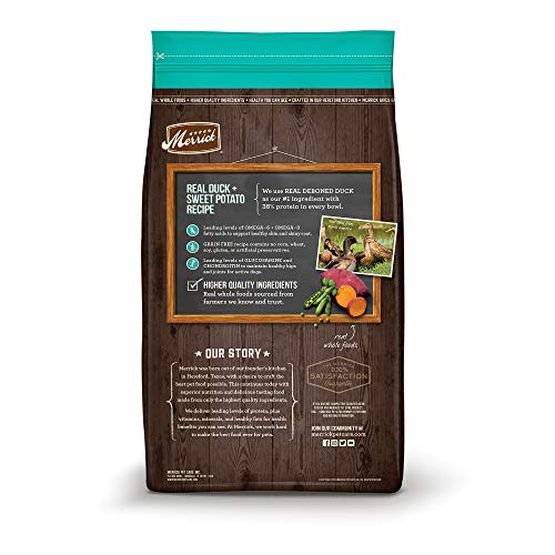 Pato deshuesado real, primer ingrediente, en Merrick para perros adultos.