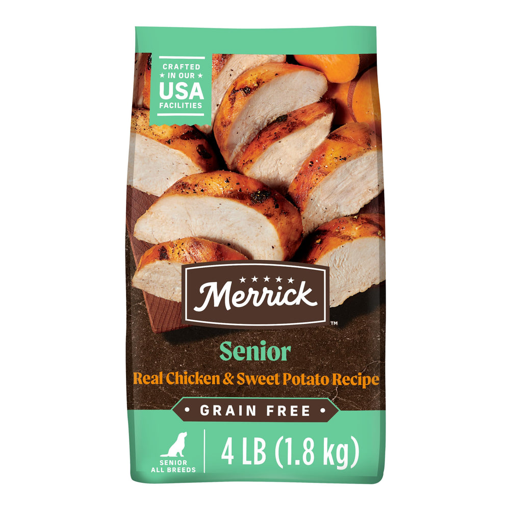 Merrick pollo deshuesado batata dulce senior, fuente de proteína real para perros mayores.
