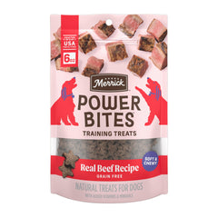 Merrick Power Bites frente a la bolsa, snack sabroso para adiestramiento diario.