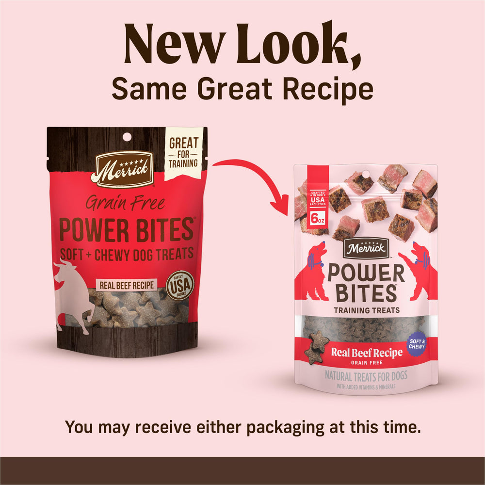 Merrick Power Bites lado posterior con información nutricional para razas adultas.