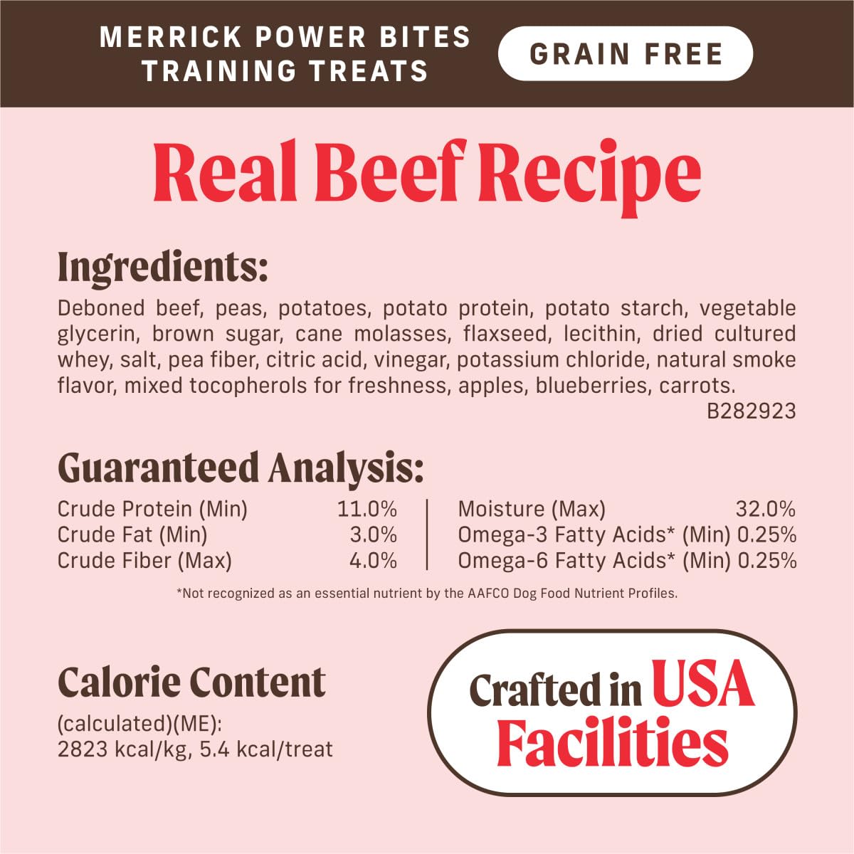 Merrick Power Bites etiqueta sin granos, opción natural para perros sensibles.