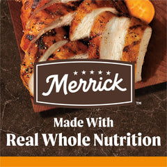 Merrick equilibrio nutricional, 57% proteína y 43% grasa y vegetales en etiqueta.