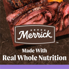 Merrick proteína 52% y grasas saludables para músculos y energía en cachorros.