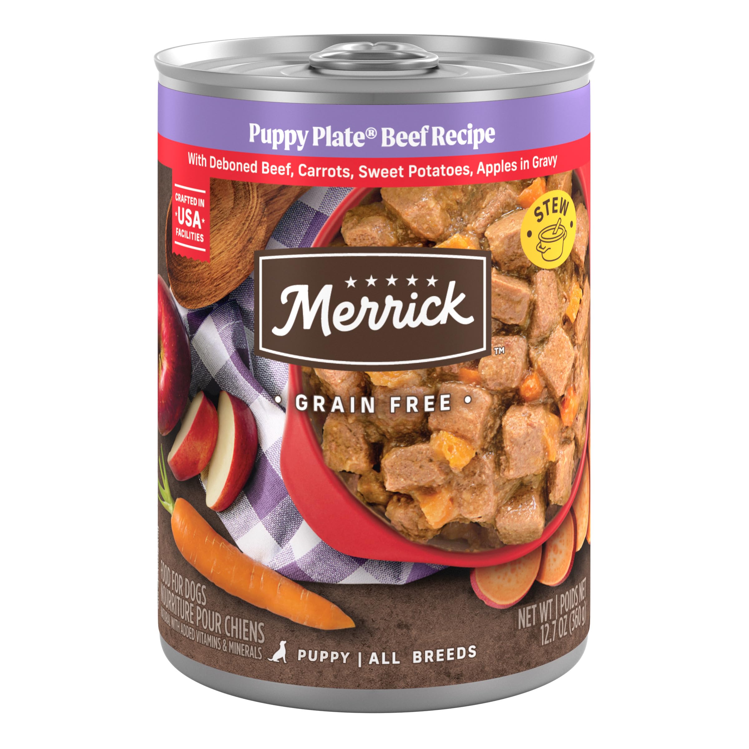 Merrick Puppy Plate con carne deshuesada, textura jugosa ideal para cachorros curiosos.
