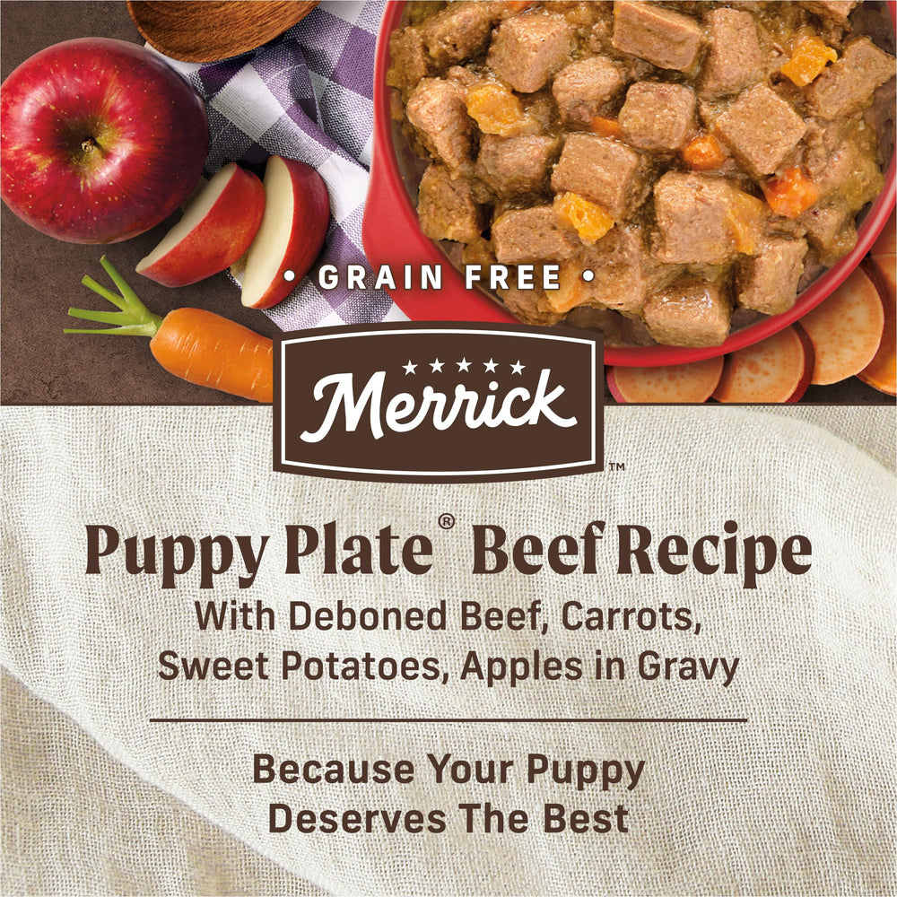 Merrick Puppy Plate pedacitos de manzana en la salsa, sabor natural.