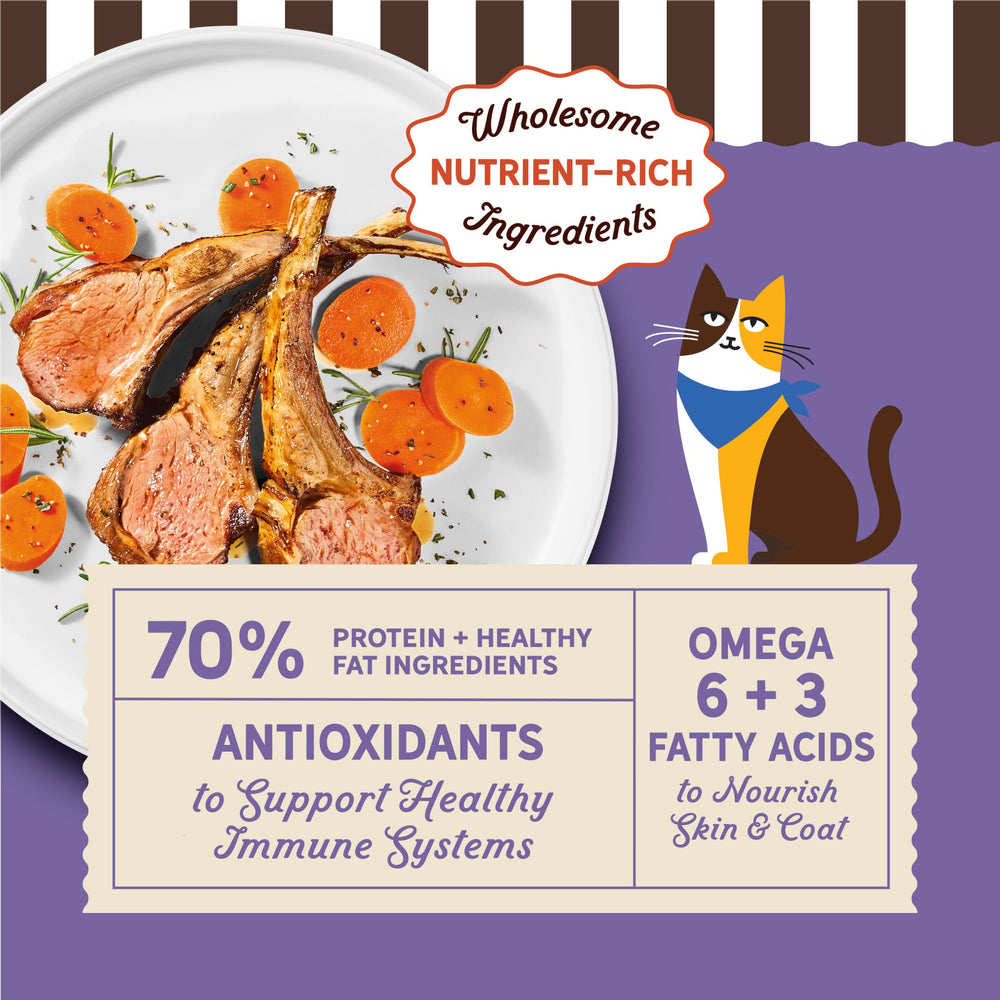 Merrick Purrfect Bistro: alimento seco para gatos con cordero, proteína alta para músculos.