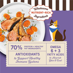 Merrick Purrfect Bistro: alimento seco para gatos con cordero, proteína alta para músculos.