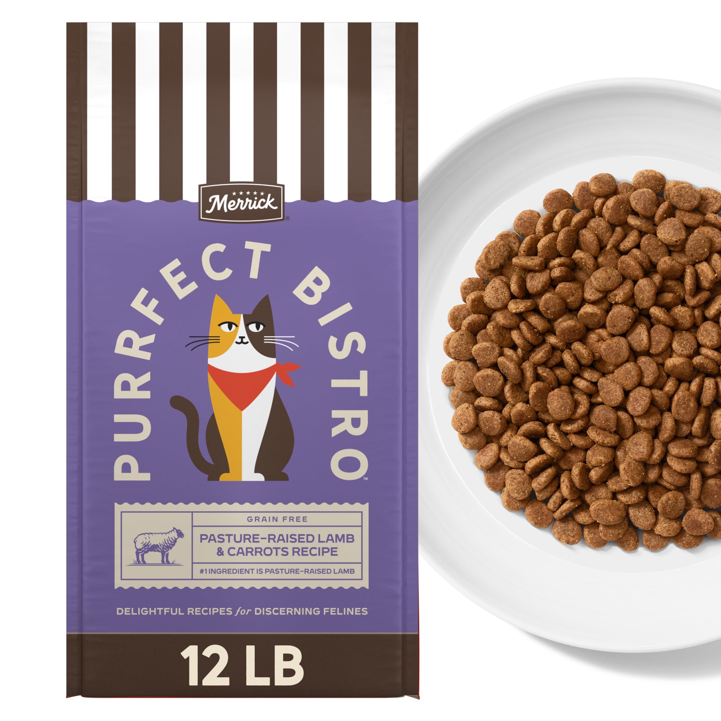 Merrick Purrfect Bistro: cordero de pastoreo y zanahorias, sabor delicioso para gatos adultos.