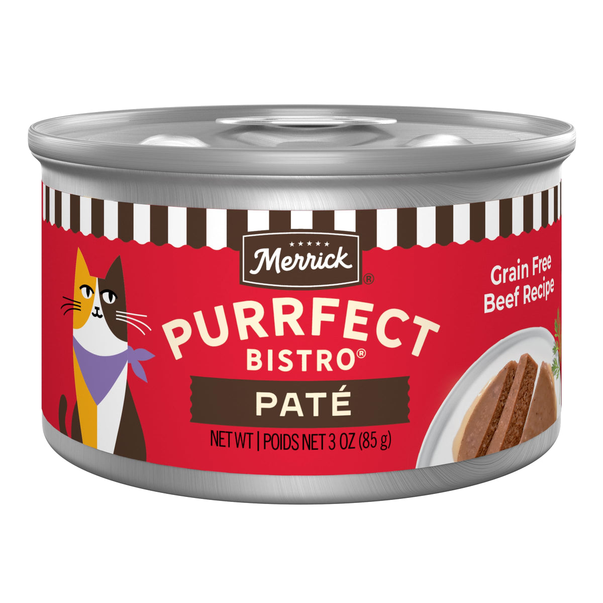 Merrick Purrfect Bistro: lata de pate carne, sabor natural para gatos activos.