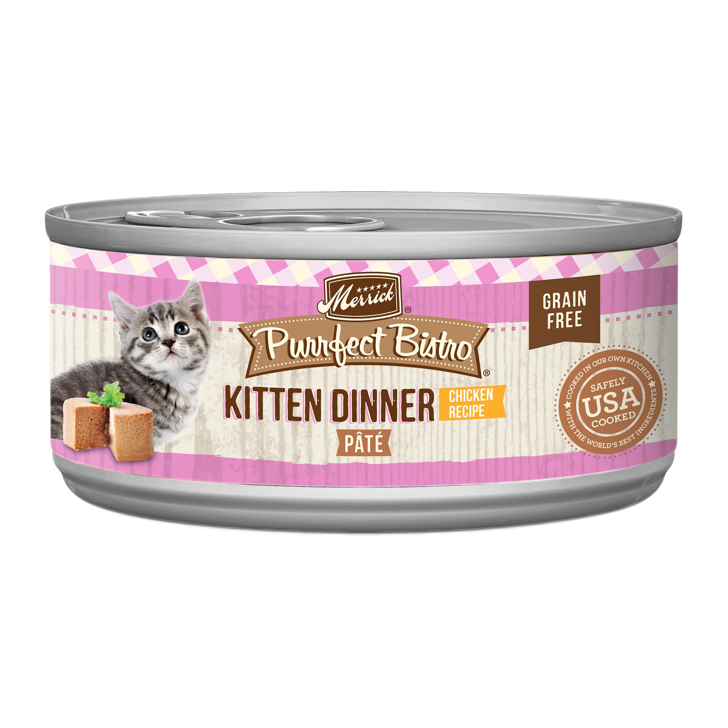 Merrick Purrfect Bistro pate gatito pollo en lata, textura suave para gatitos.