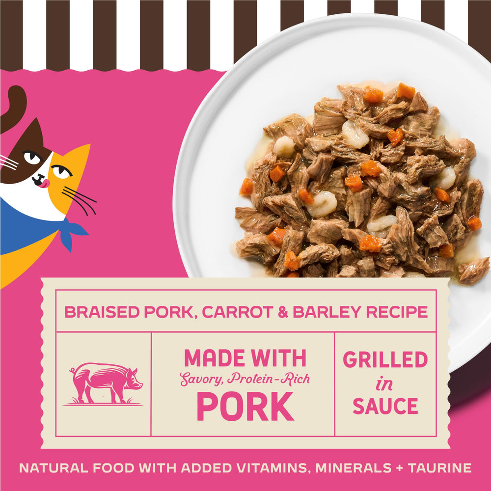Merrick Purrfect Bistro puerco en salsa, trozos jugosos para estimular el apetito.