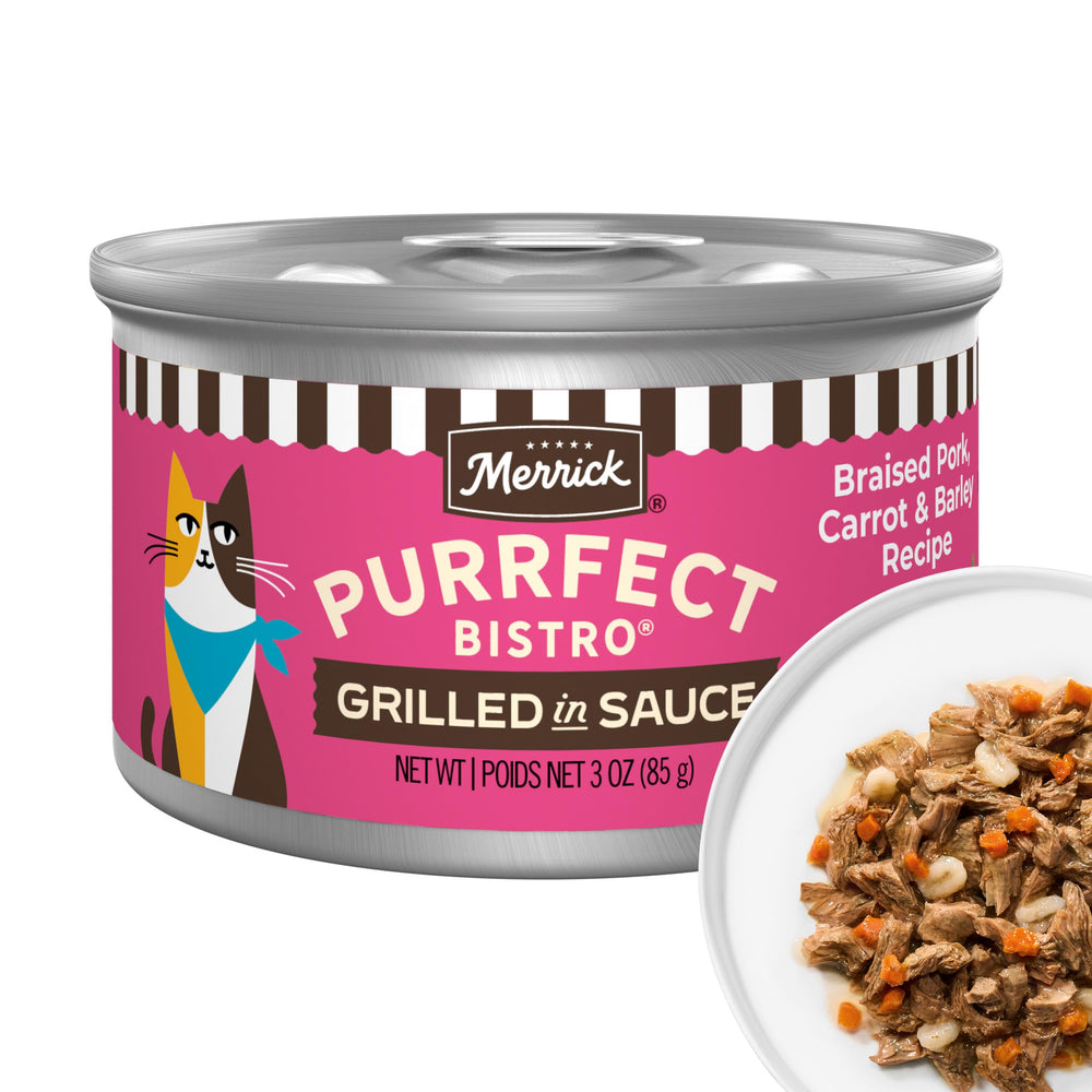 Merrick Purrfect Bistro puerco guisado con zanahoria y cebada, ideal para gatos exigentes.