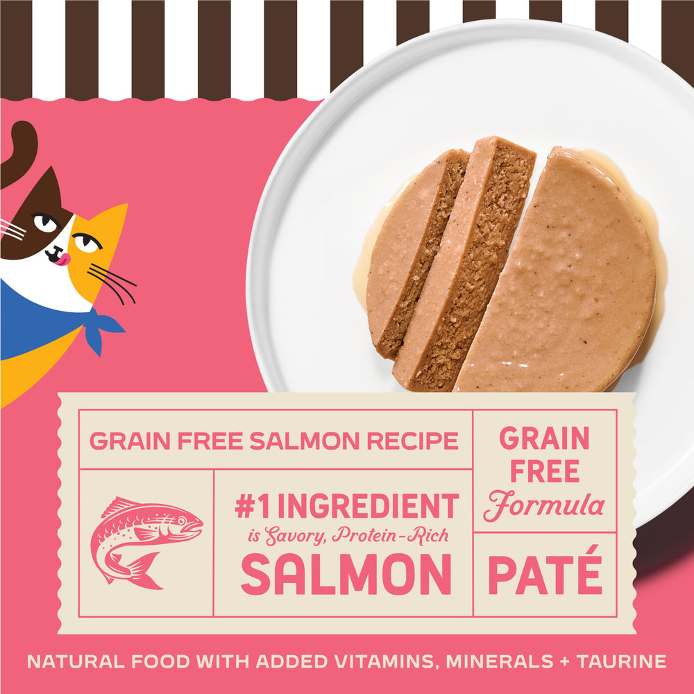 Paté sin granos Merrick Purrfect Bistro, sin trigo ni maíz, opciones naturales.