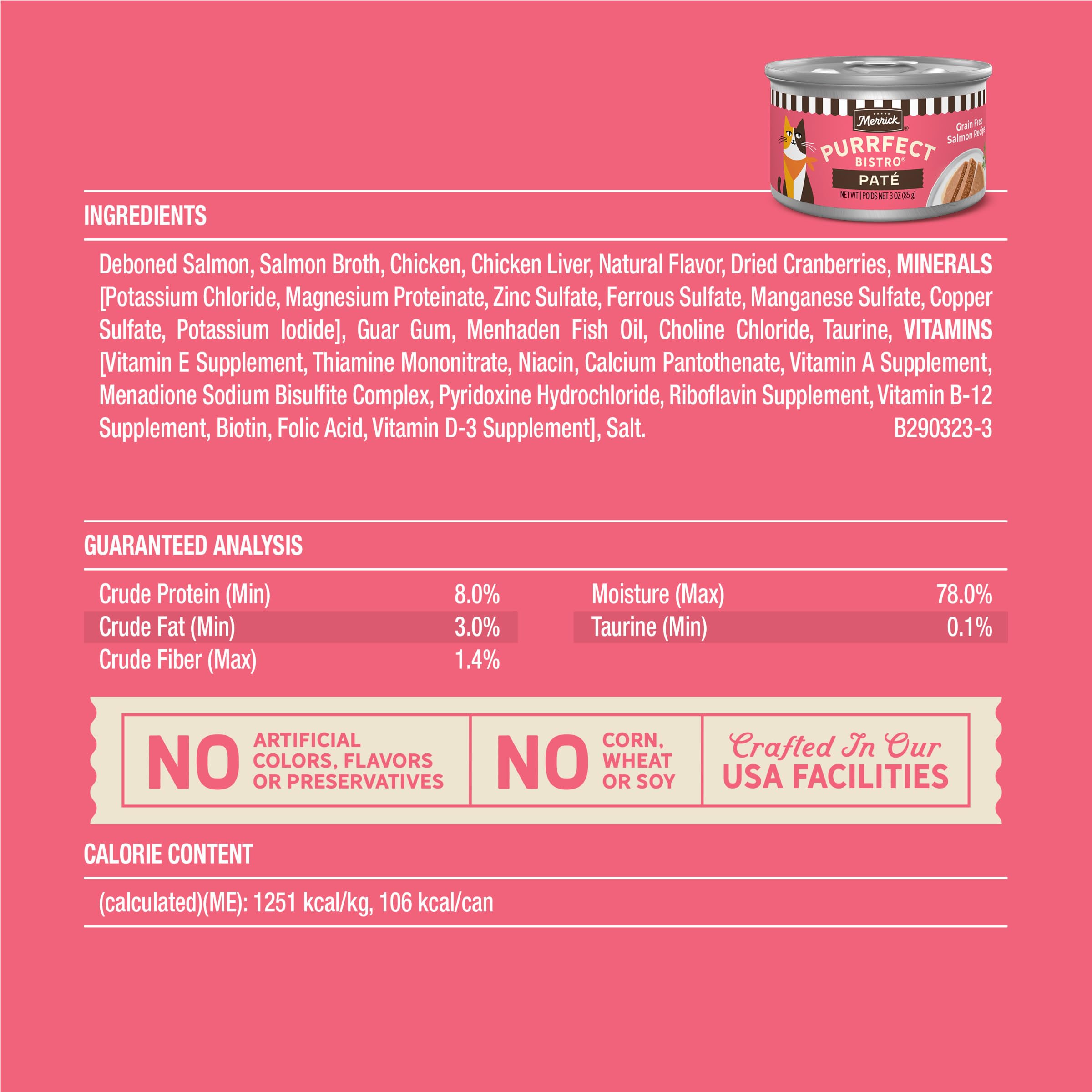 Receta de salmón Merrick Purrfect Bistro con proteína alta para gatos adultos.