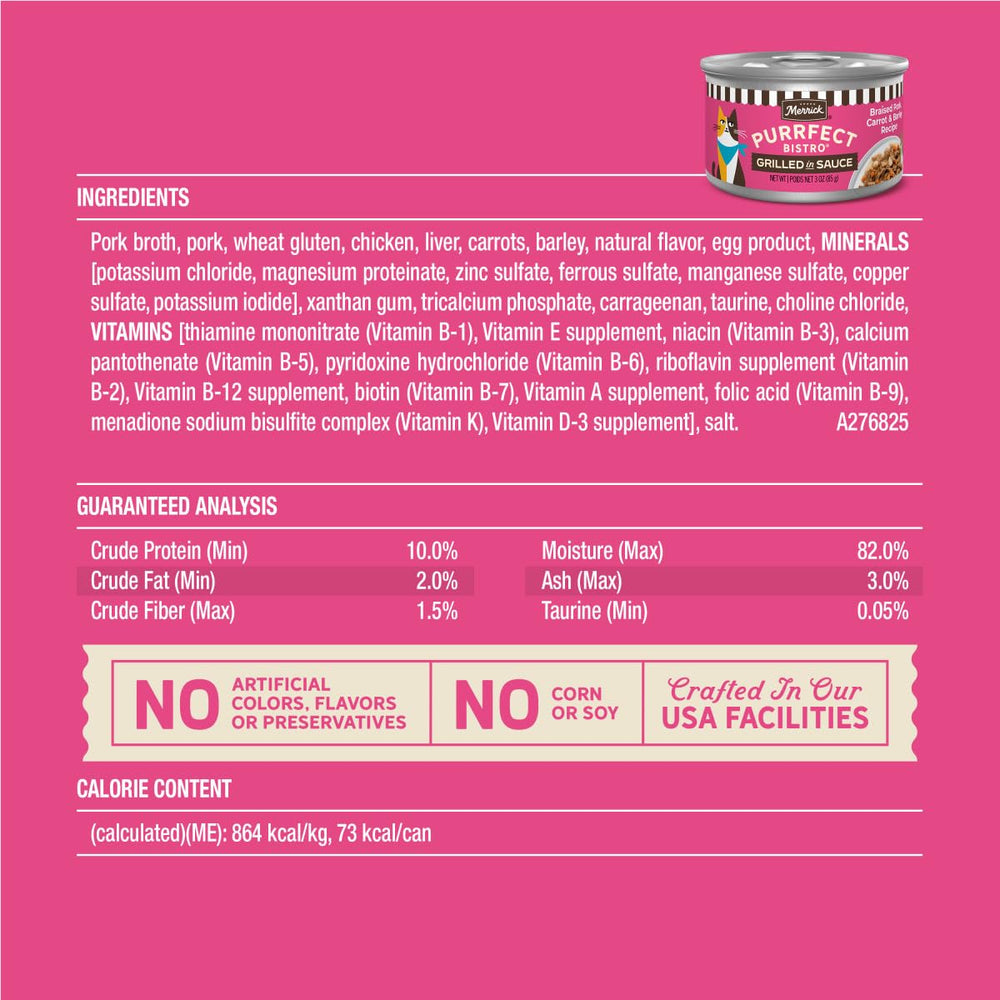 Merrick Purrfect Bistro sin maíz ni soja, opción más limpia para la dieta diaria.