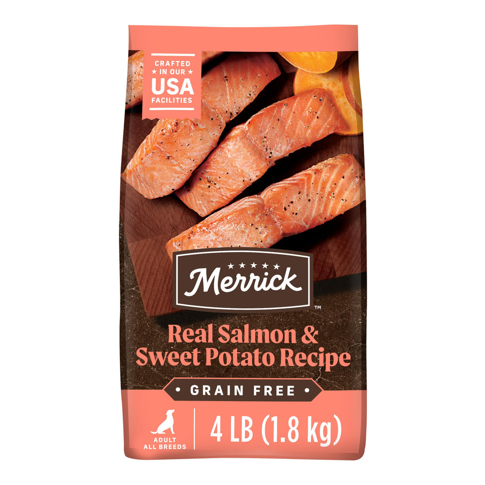 Bolsa Merrick con salmón real y batata para perros adultos, nutrición de alta proteína.