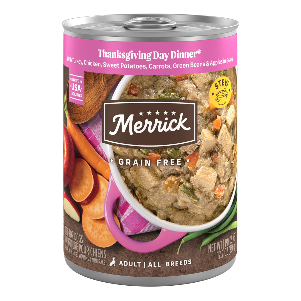 Merrick sin granos, lata abierta, lista para servir comida húmeda sabrosa para perros.