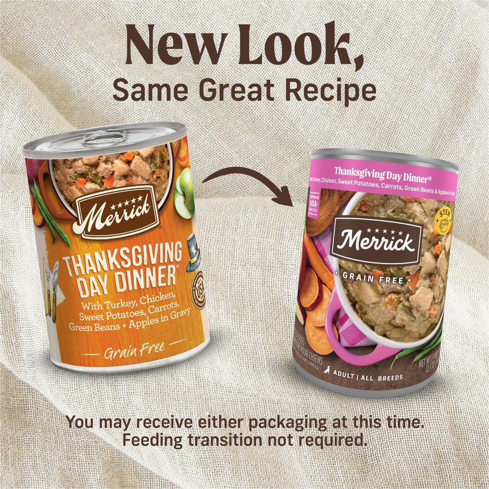 Merrick sin granos, lata con pavo real, ideal como plato principal para perros.