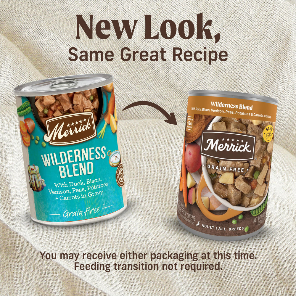 Merrick Wilderness Blend muestra pato como primer ingrediente, opción de proteína real