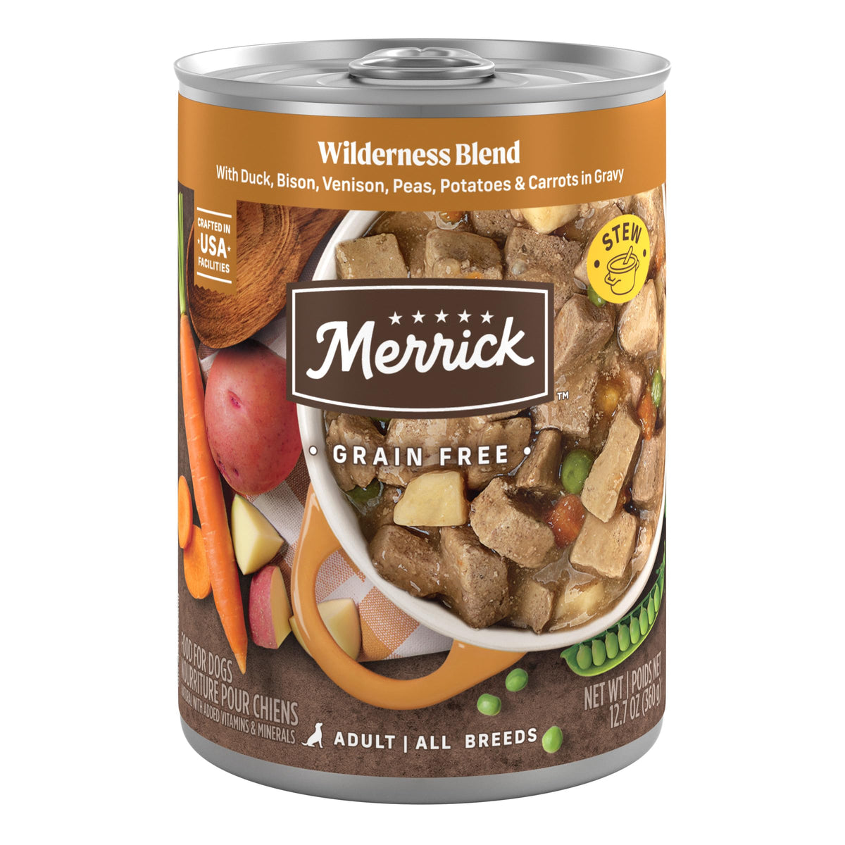 Merrick Wilderness Blend en lata de 12.7 oz abierta, lista para servir en casa