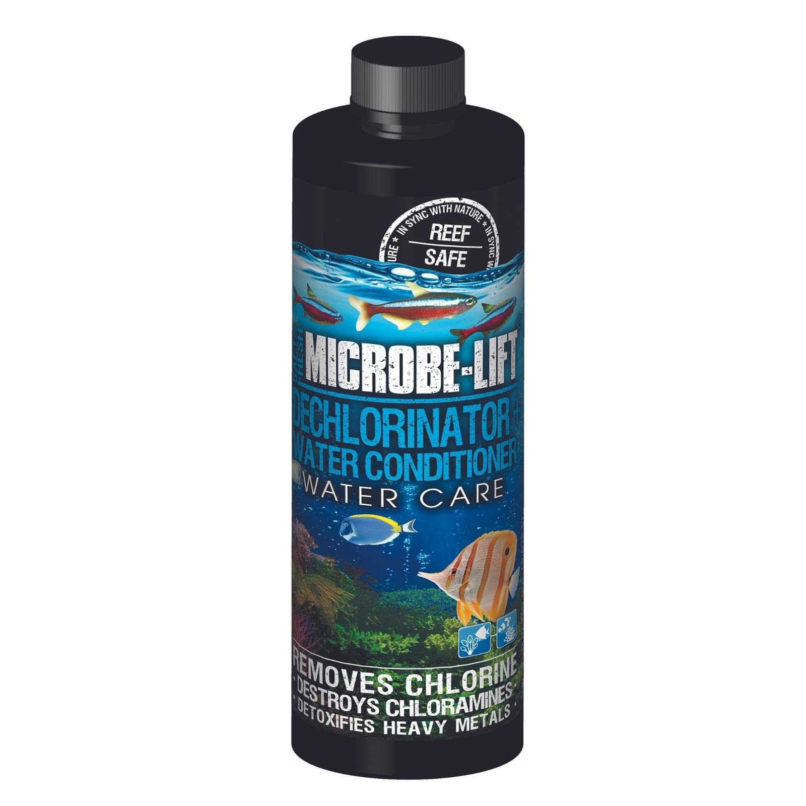 Microbe-Lift Dechlorinator Plus, frasco 4 onzas, elimina cloro y estabiliza alcalinidad para acuarios.